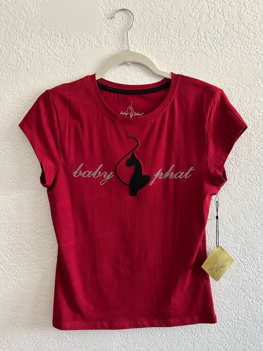 Baby Phat Y2K Style Rhinestone Logo Red Cap Short Sleeve Cotton Blouse Tee Shirt